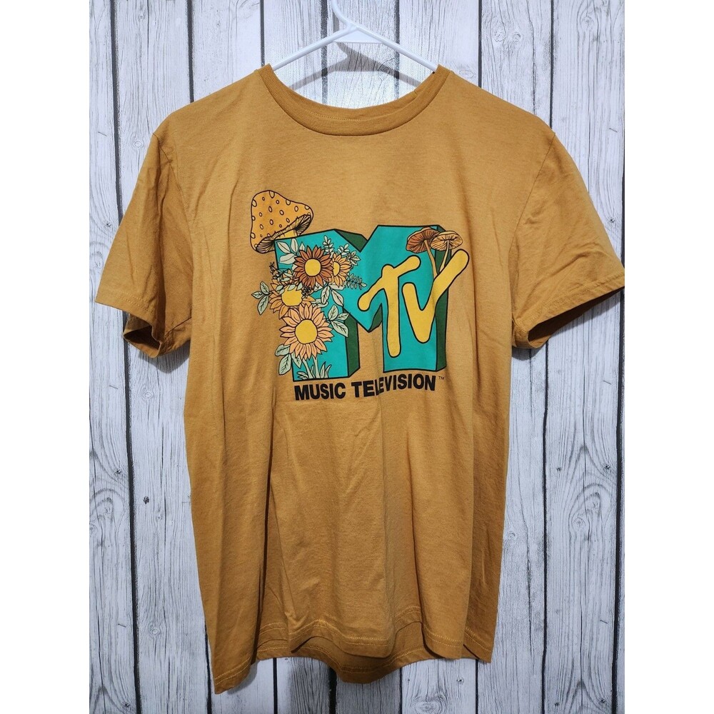 MTV Women's T-Shirt Medium Floral Mushroom Graphic Print Gold Music Television